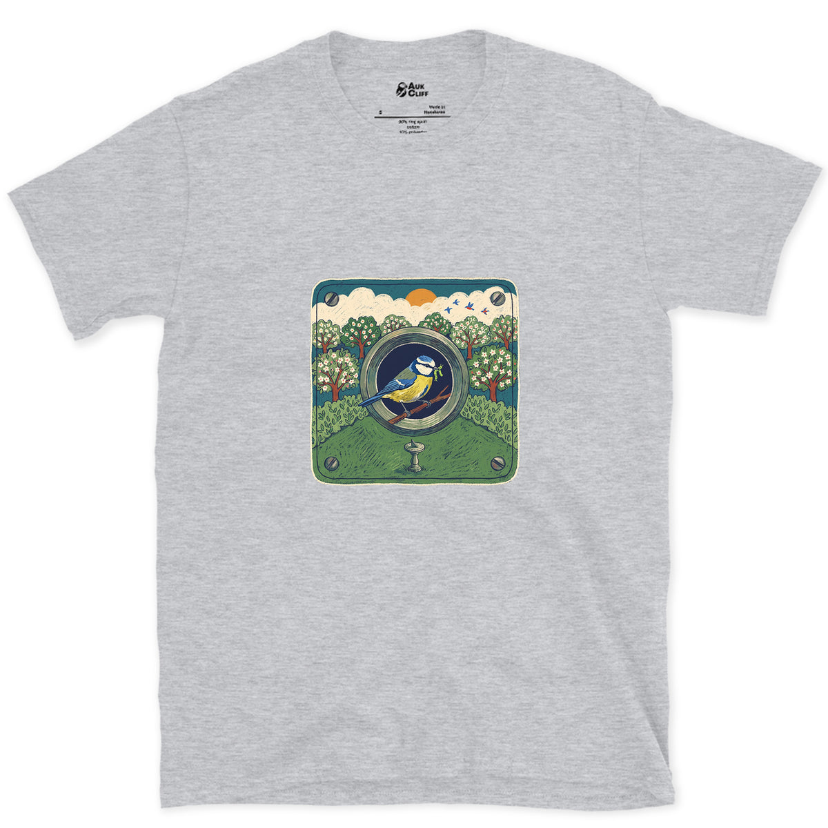An Orchard Through a Nest Box Hole design on a Sport Grey Gildan Softstyle t-shirt