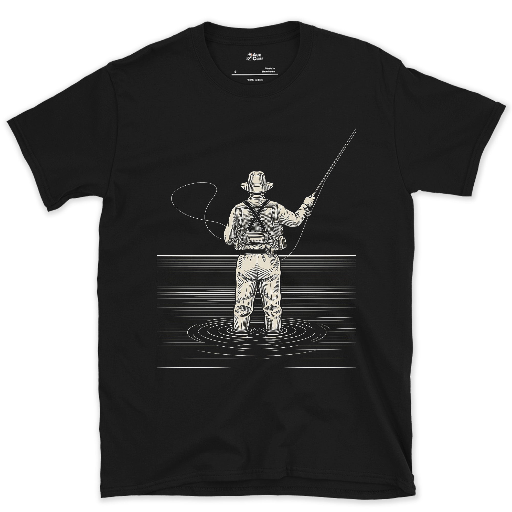 Mid-Cast, Angler From Behind design on a Black Gildan Softstyle t-shirt