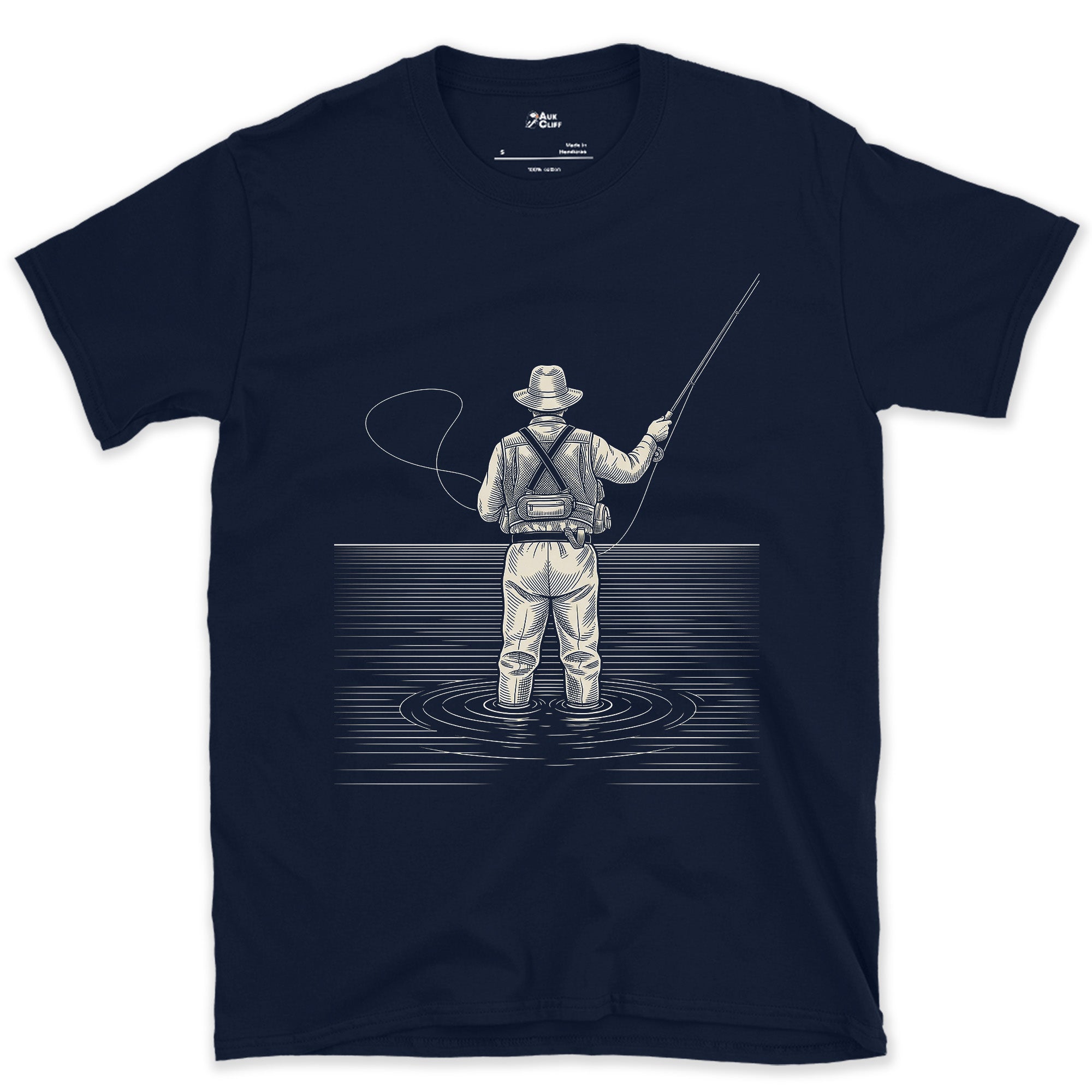 Mid-Cast, Angler From Behind design on a Navy Gildan Softstyle t-shirt