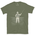 Mid-Cast, Angler From Behind design on a Military Green Gildan Softstyle t-shirt