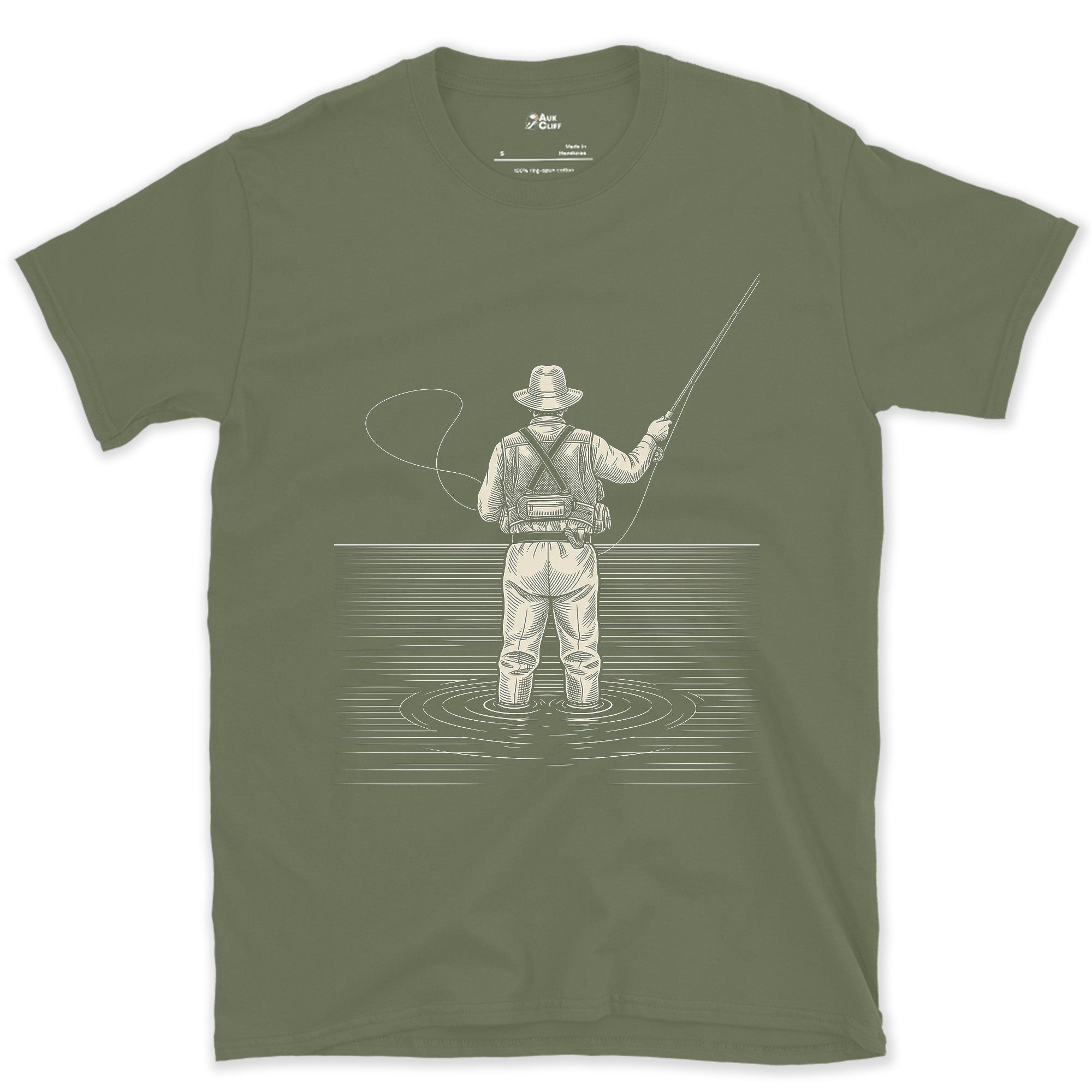 Mid-Cast, Angler From Behind design on a Military Green Gildan Softstyle t-shirt