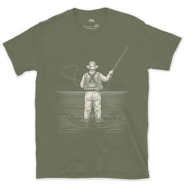 Mid-Cast, Angler From Behind design on a Military Green Gildan Softstyle t-shirt