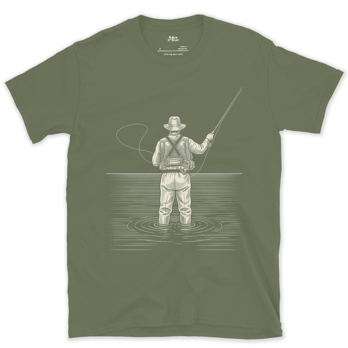 Mid-Cast, Angler From Behind design on a Military Green Gildan Softstyle t-shirt