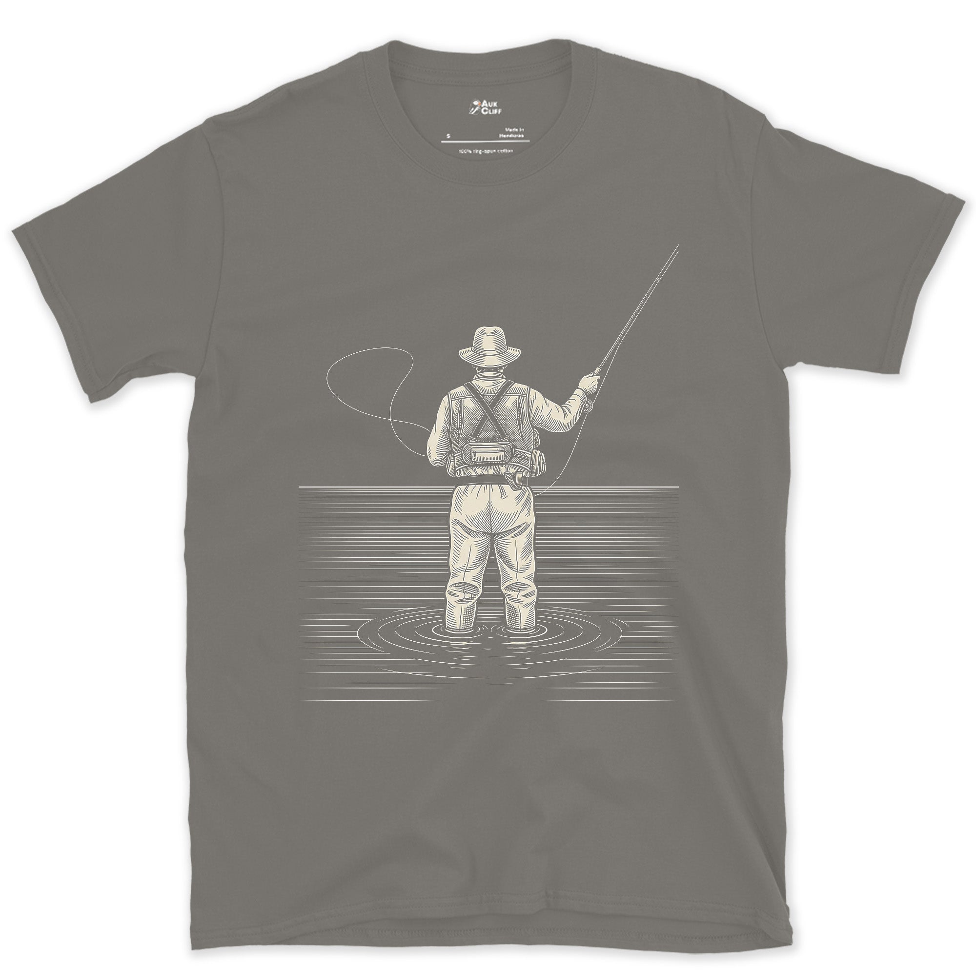 Mid-Cast, Angler From Behind design on a Charcoal Gildan Softstyle t-shirt