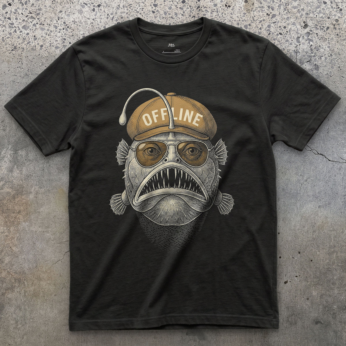 Offline, Deep Sea Anglerfish in a Flat Cap design on a Black Gildan Softstyle t-shirt