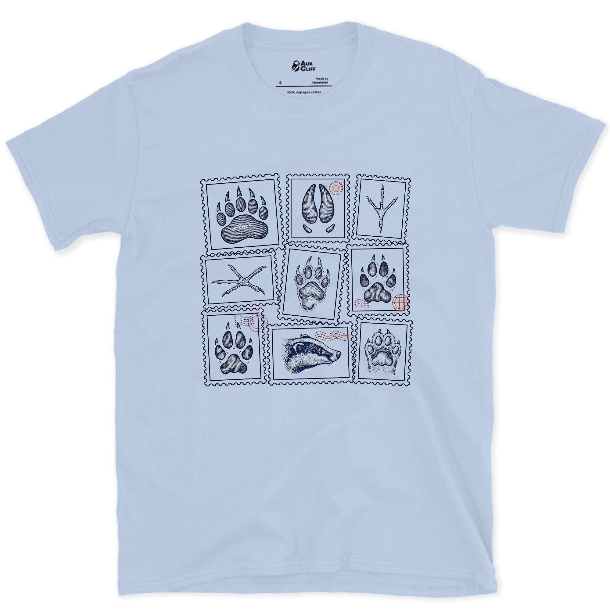 Four Signs Read Off the Trail design on a Light Blue Gildan Softstyle t-shirt