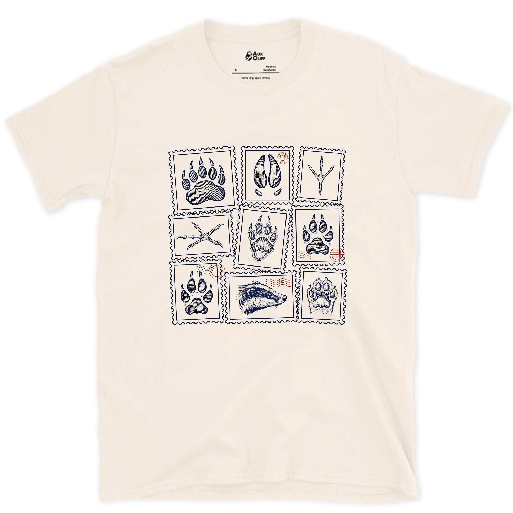 Four Signs Read Off the Trail design on a Natural Gildan Softstyle t-shirt