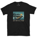 Any Port in a Storm, Harbour at Dusk design on a Black Gildan Softstyle t-shirt