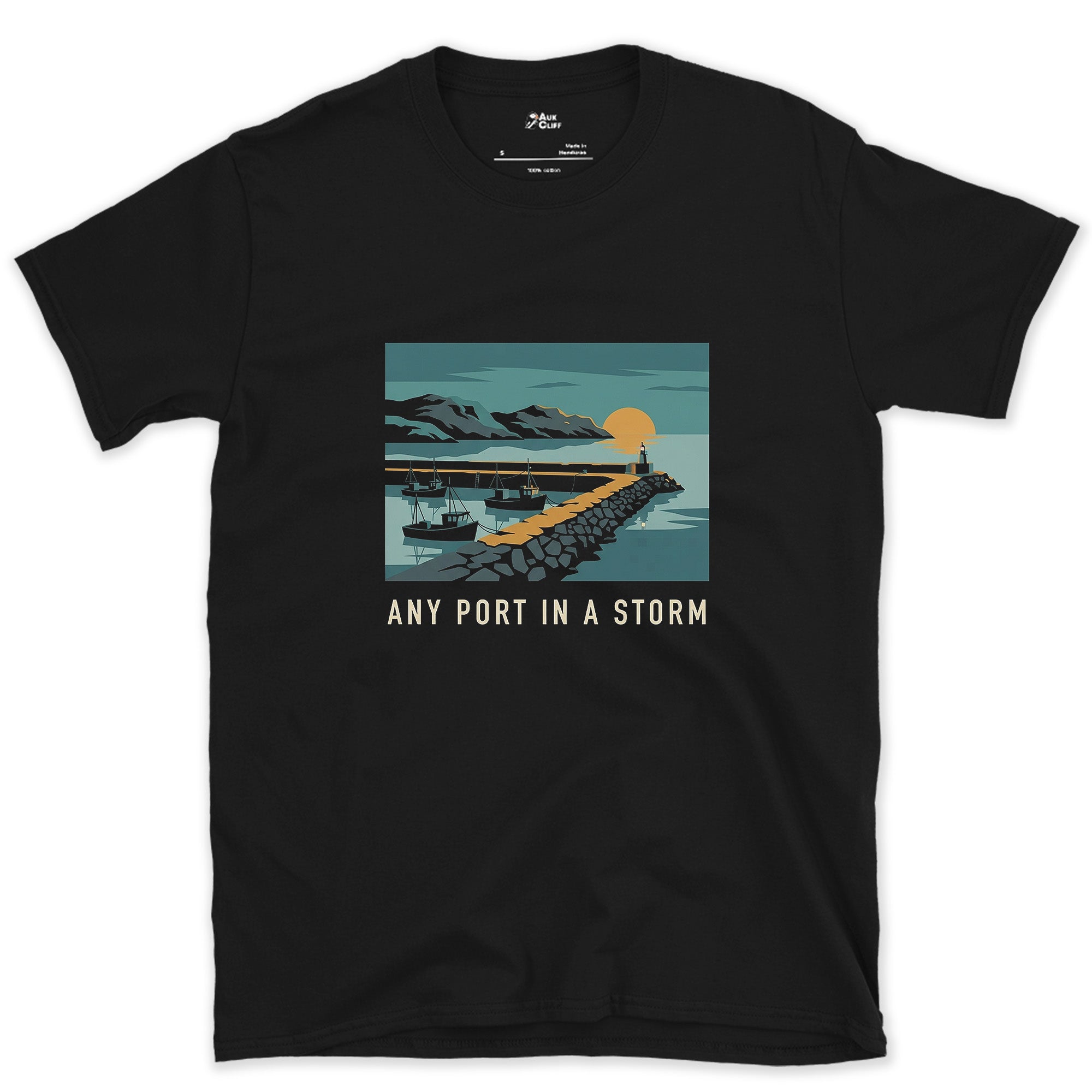 Any Port in a Storm, Harbour at Dusk design on a Black Gildan Softstyle t-shirt