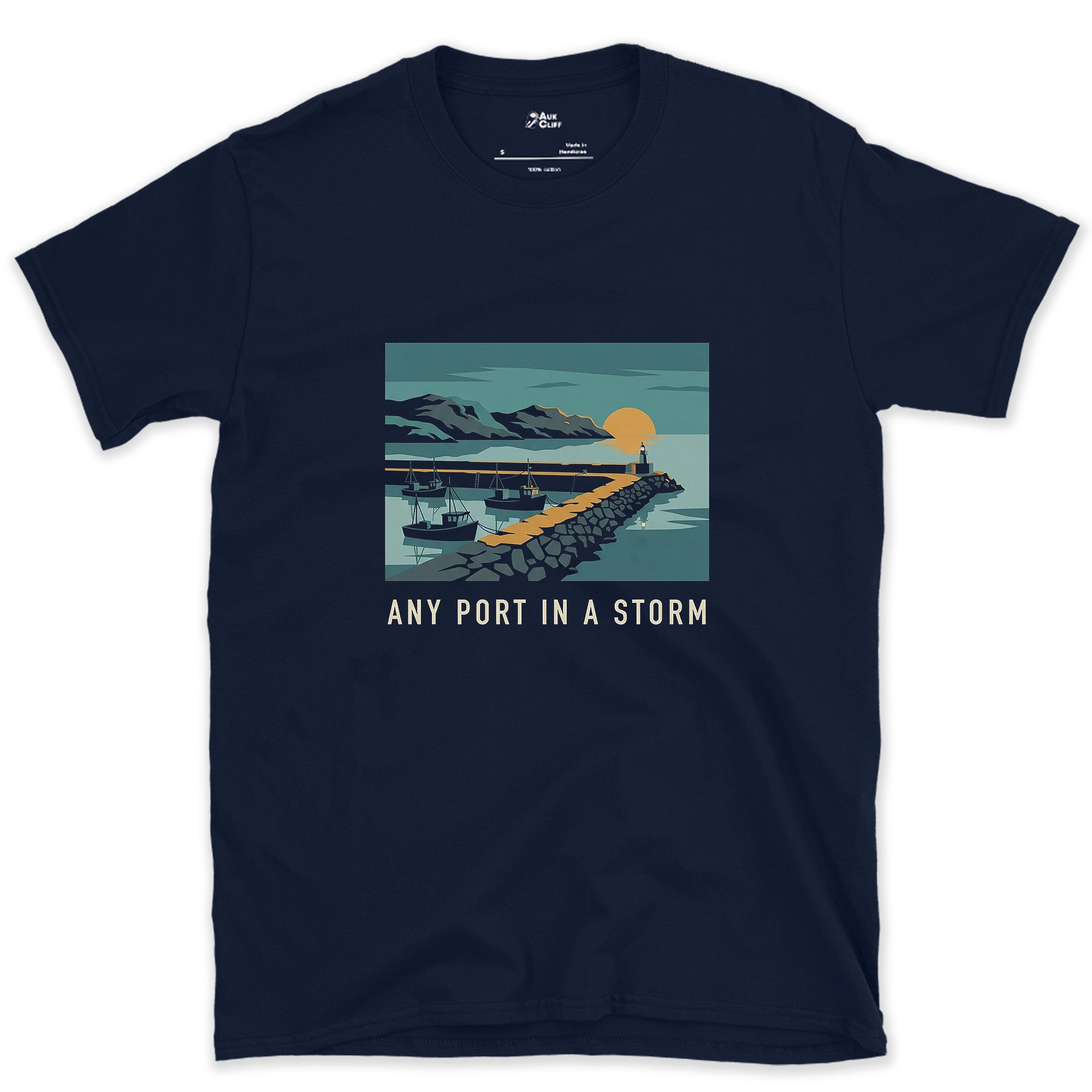 Any Port in a Storm, Harbour at Dusk design on a Navy Gildan Softstyle t-shirt