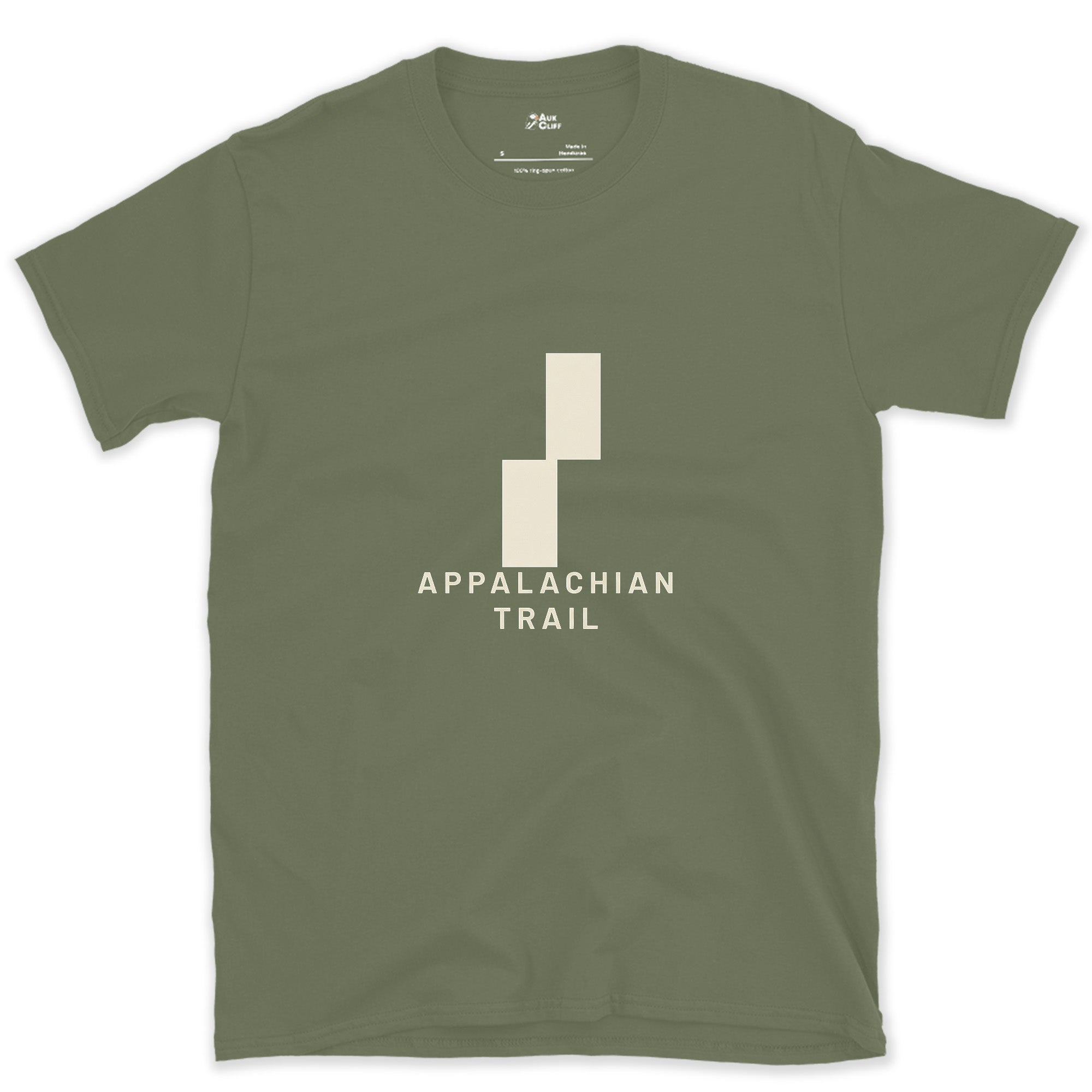 Appalachian Trail Double Blaze design on a Military Green Gildan Softstyle t-shirt