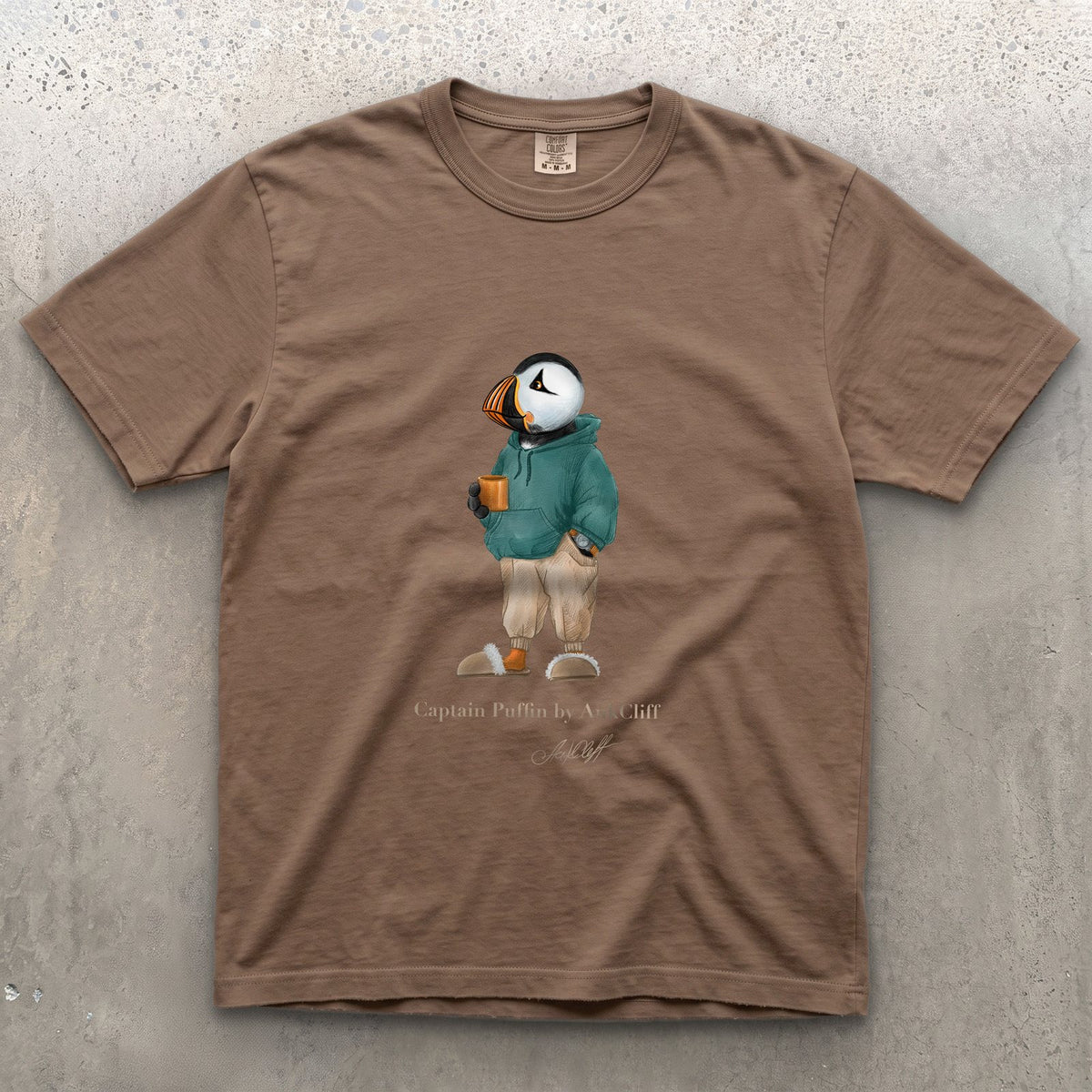 Captain Puffin Trail Après on a Espresso Comfort Colors t-shirt