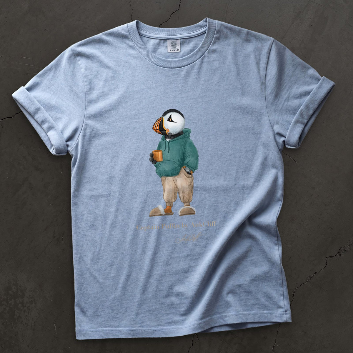 Captain Puffin Trail Après on a Washed Denim Comfort Colors t-shirt
