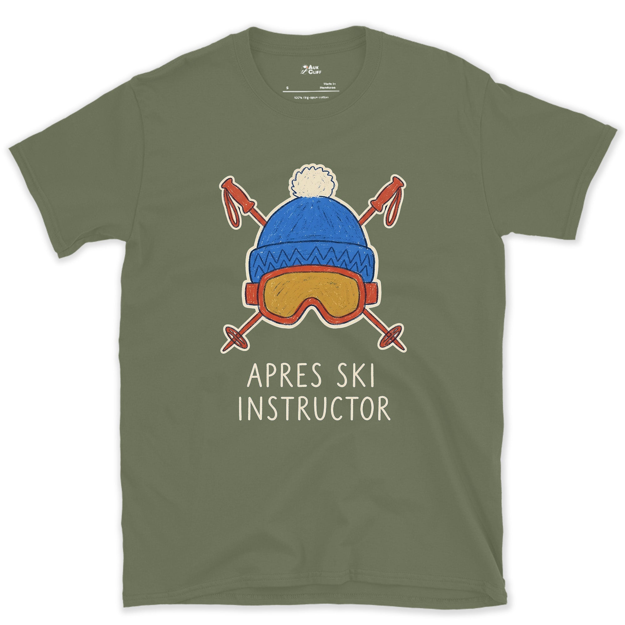 The Bar Crawl's Uniform, Apres Ski Instructor design on a Military Green Gildan Softstyle t-shirt