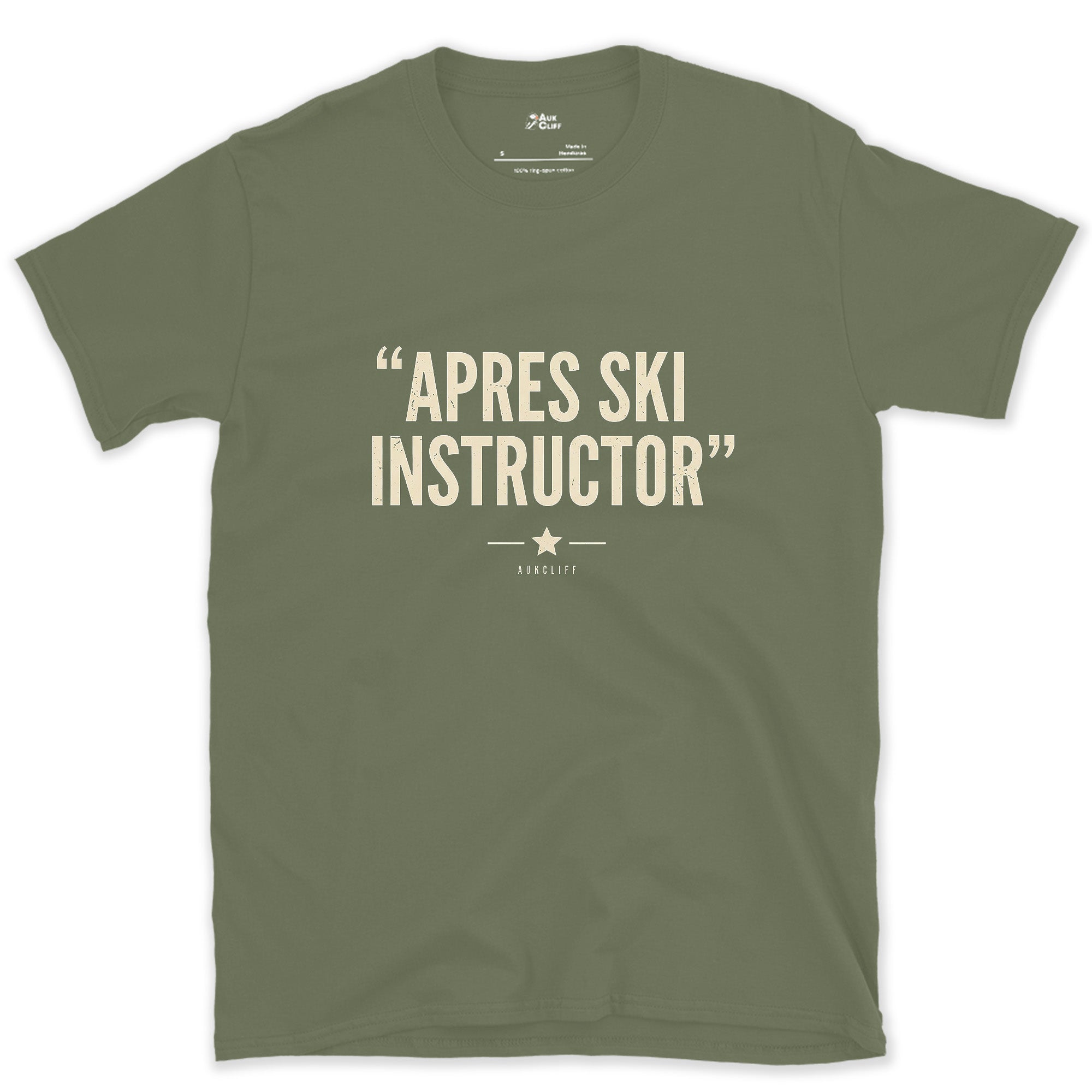 Apres Ski Instructor, Leads the Bar Crawl design on a Military Green Gildan Softstyle t-shirt