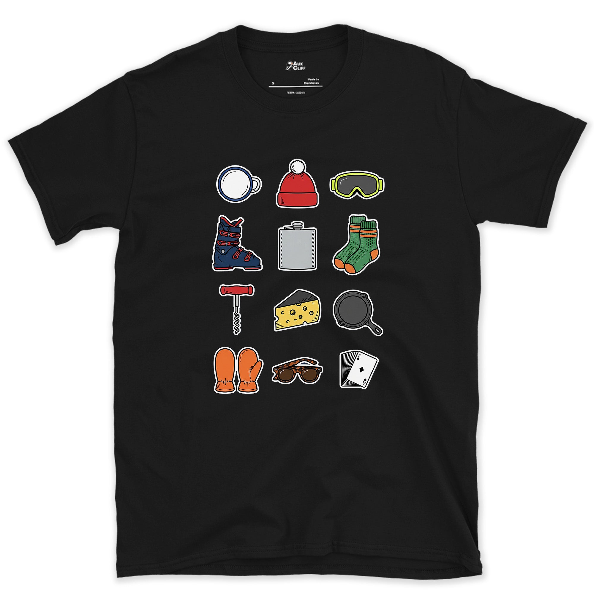 The Checklist for the End of a Ski Day design on a Black Gildan Softstyle t-shirt