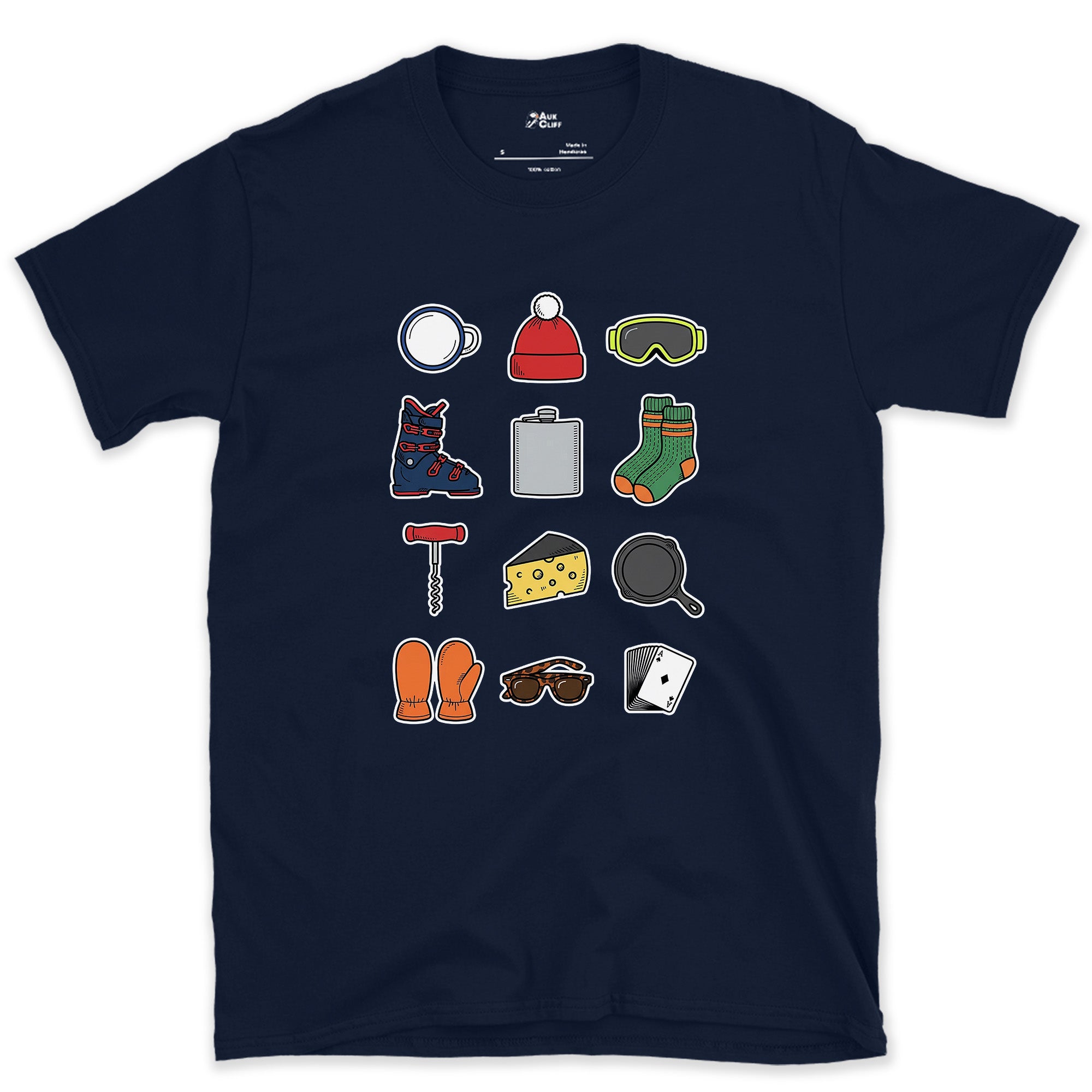 The Checklist for the End of a Ski Day design on a Navy Gildan Softstyle t-shirt