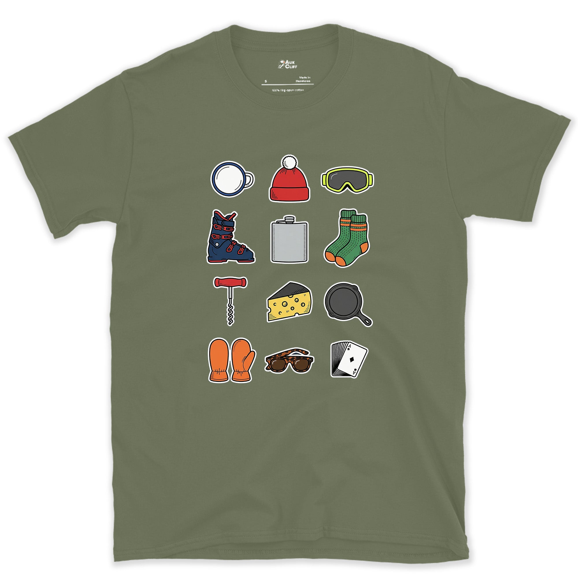 The Checklist for the End of a Ski Day design on a Military Green Gildan Softstyle t-shirt
