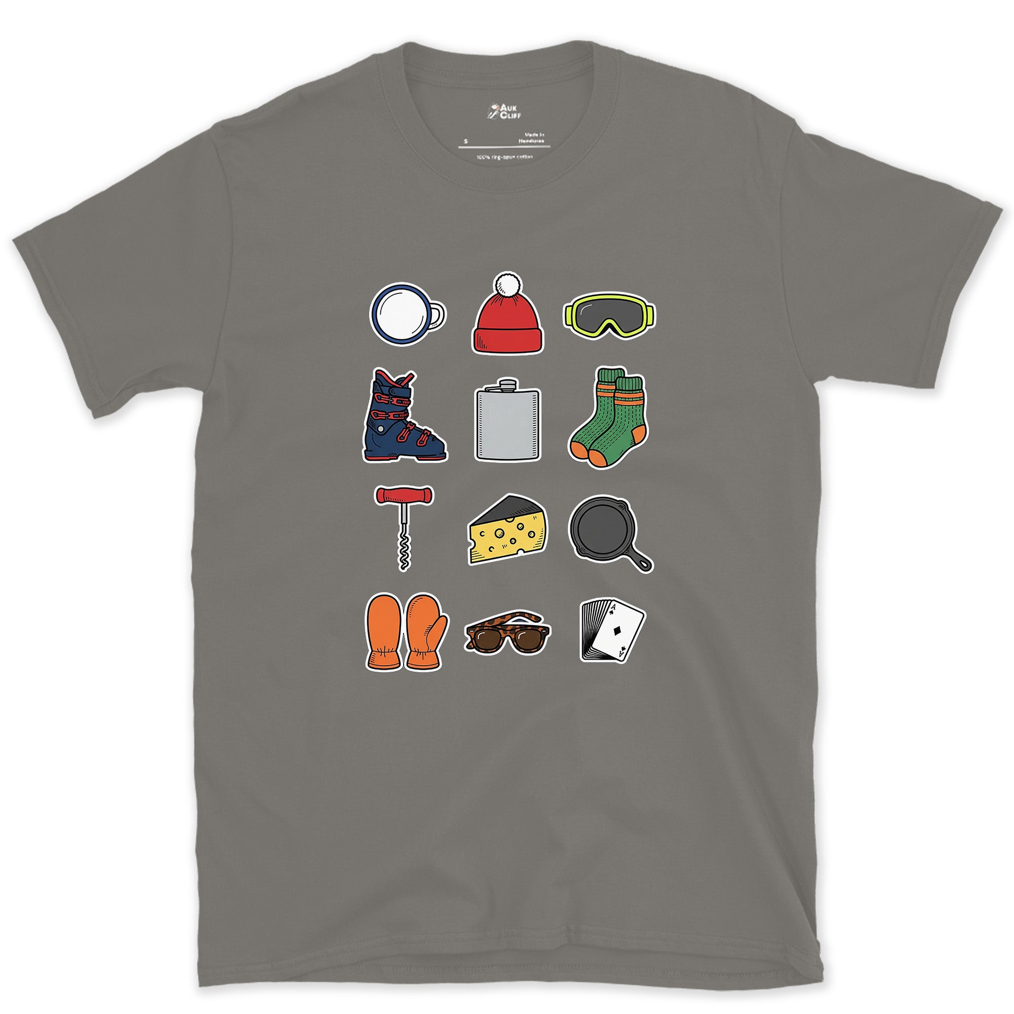 The Checklist for the End of a Ski Day design on a Charcoal Gildan Softstyle t-shirt