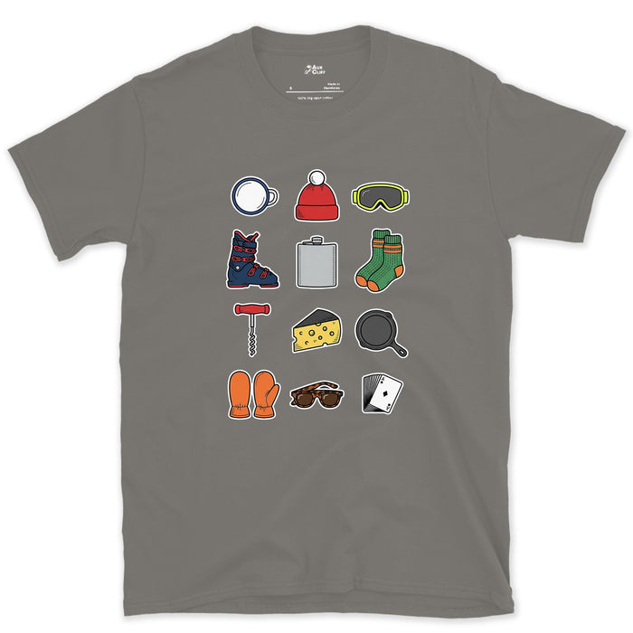 The Checklist for the End of a Ski Day design on a Charcoal Gildan Softstyle t-shirt
