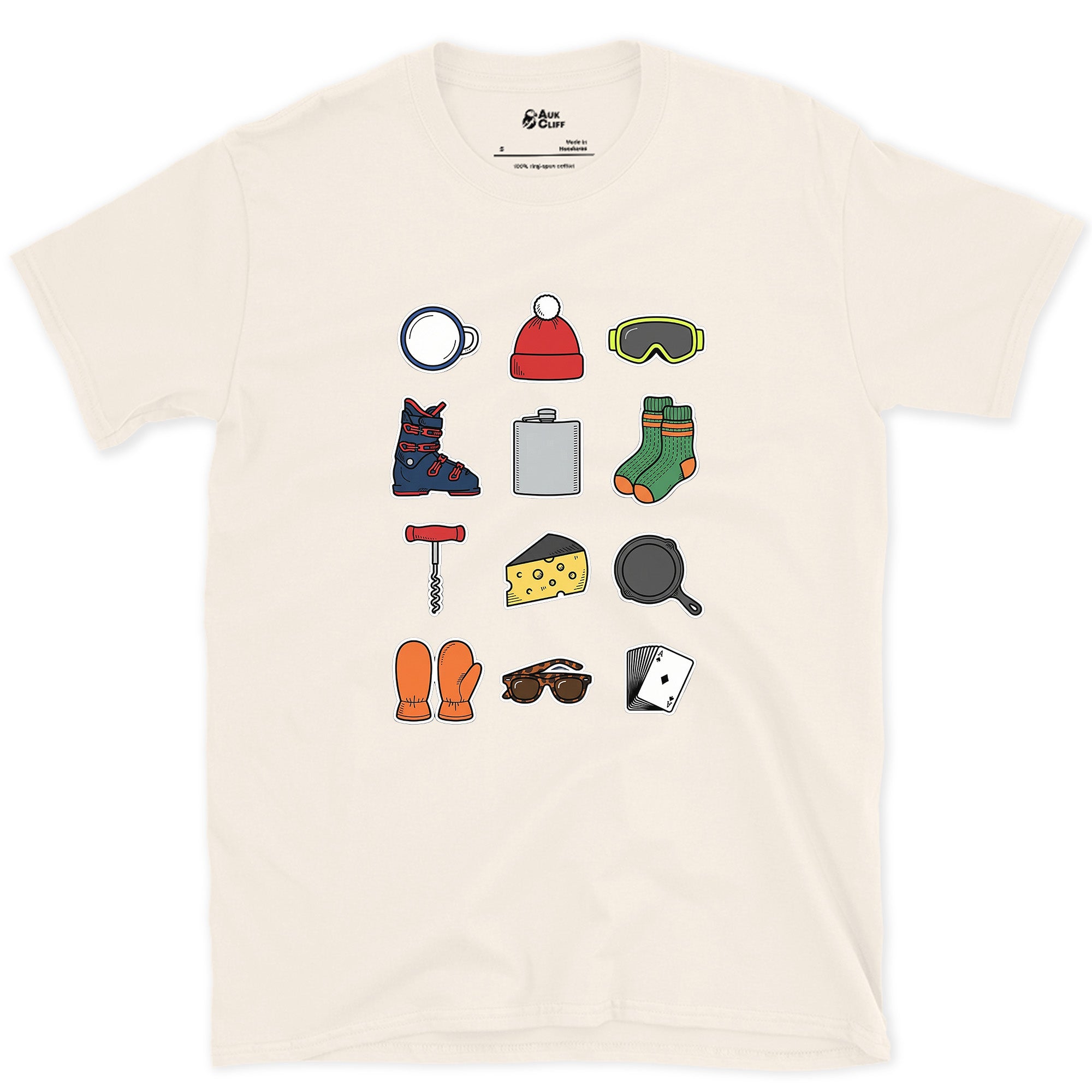 The Checklist for the End of a Ski Day design on a Natural Gildan Softstyle t-shirt