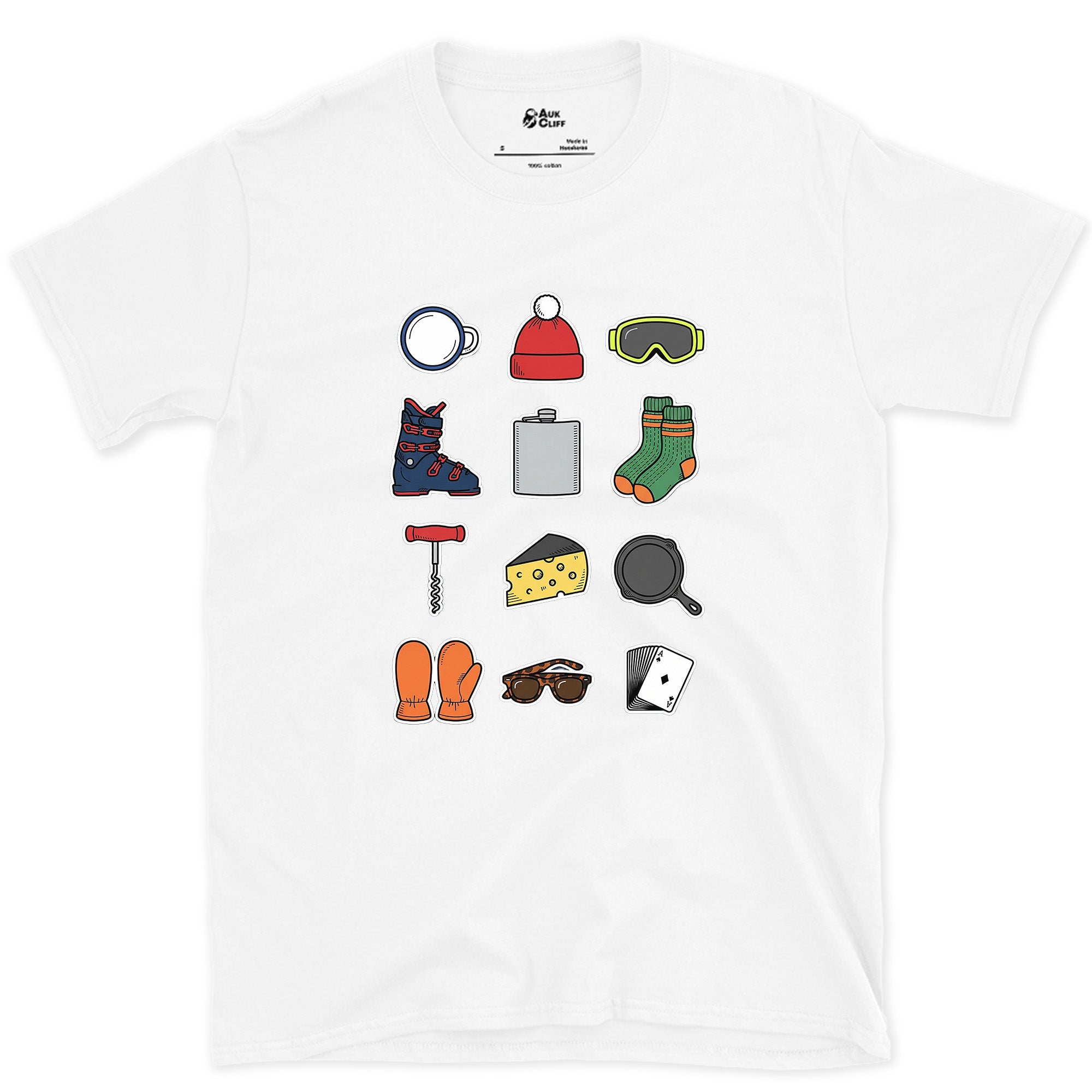 The Checklist for the End of a Ski Day design on a White Gildan Softstyle t-shirt