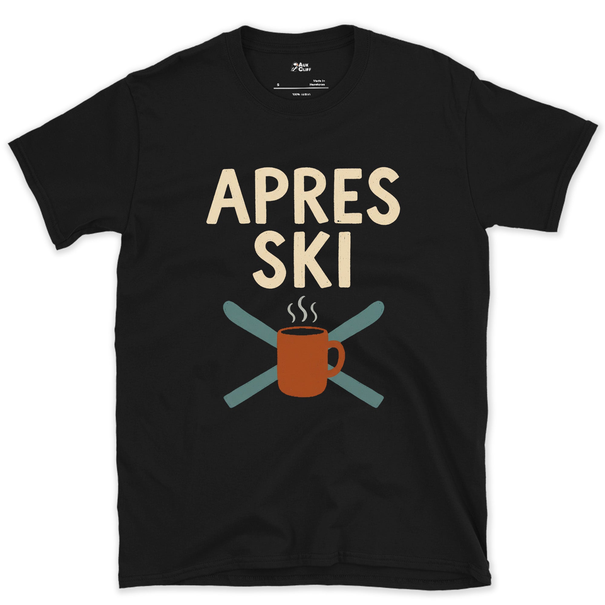 Apres Ski With Crossed Skis and a Mug design on a Black Gildan Softstyle t-shirt