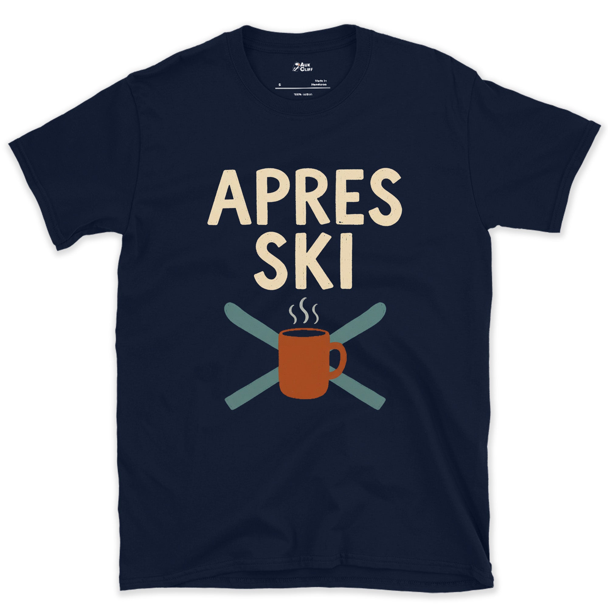 Apres Ski With Crossed Skis and a Mug design on a Navy Gildan Softstyle t-shirt
