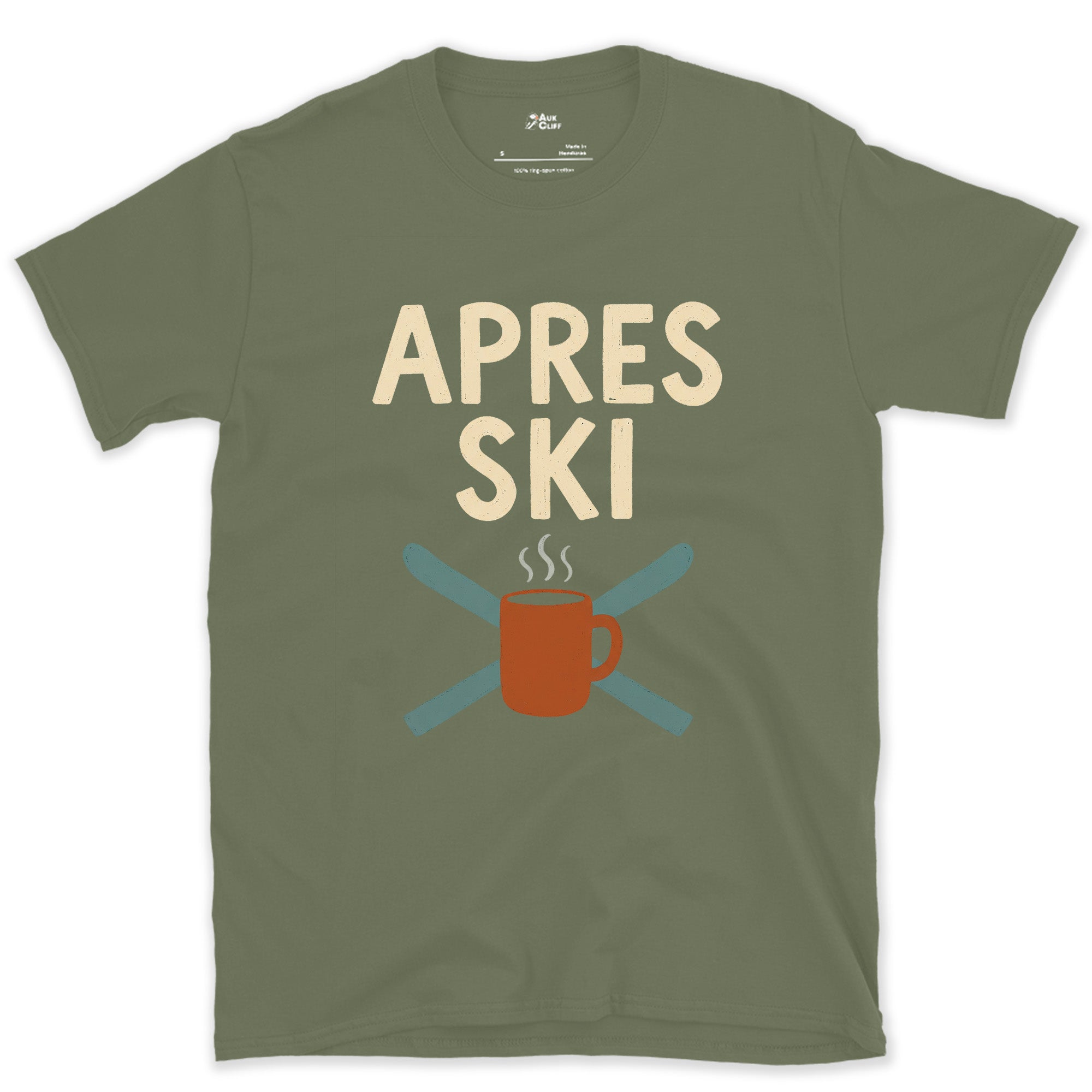 Apres Ski With Crossed Skis and a Mug design on a Military Green Gildan Softstyle t-shirt