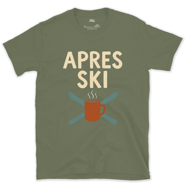 Apres Ski With Crossed Skis and a Mug design on a Military Green Gildan Softstyle t-shirt