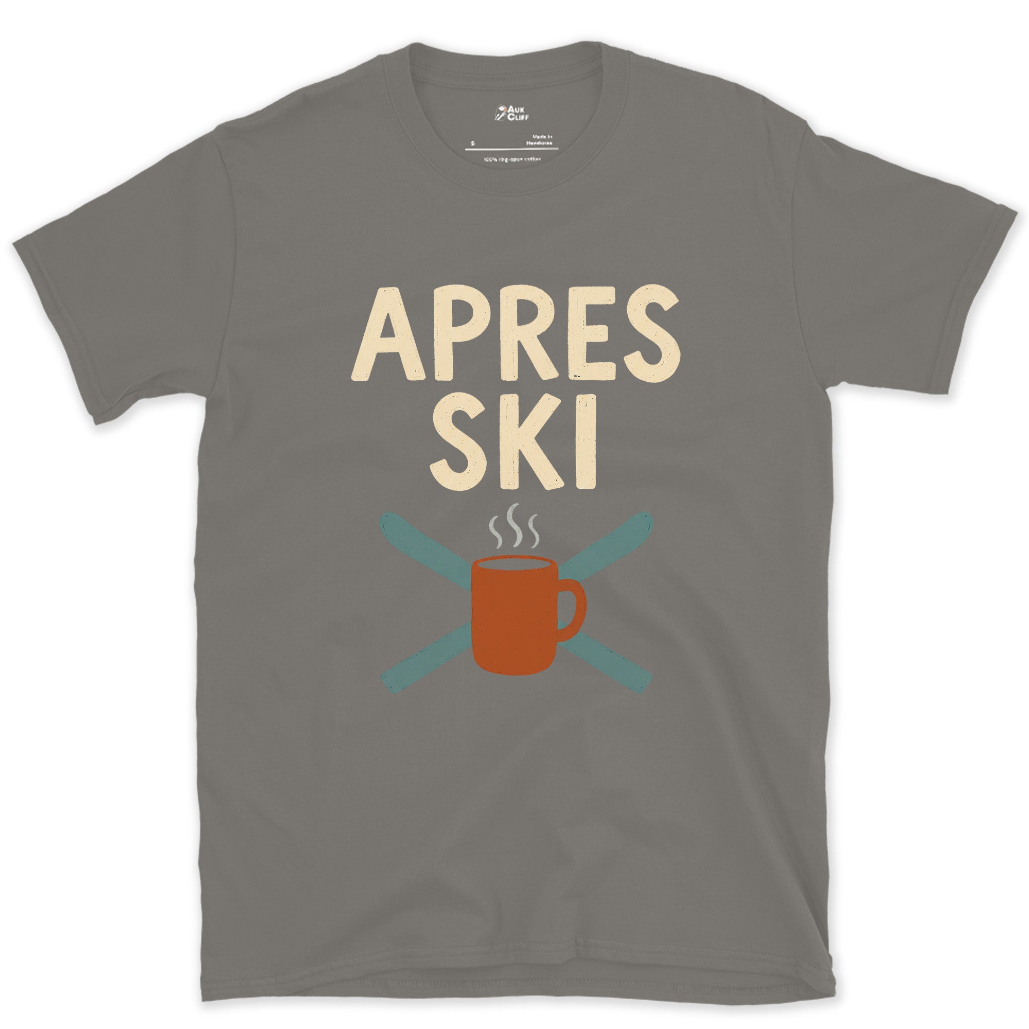 Apres Ski With Crossed Skis and a Mug design on a Charcoal Gildan Softstyle t-shirt