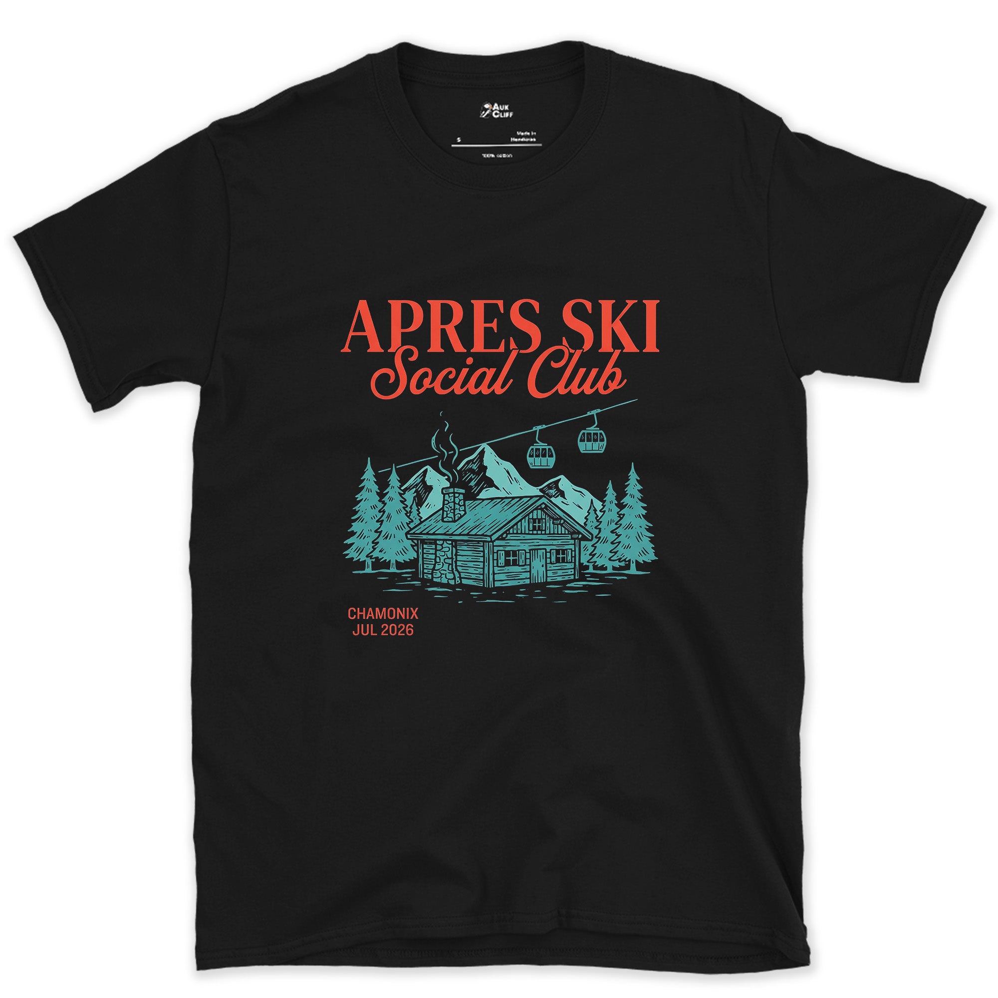 Sewn on for Years, Apres Ski Social Club design on a Black Gildan Softstyle t-shirt