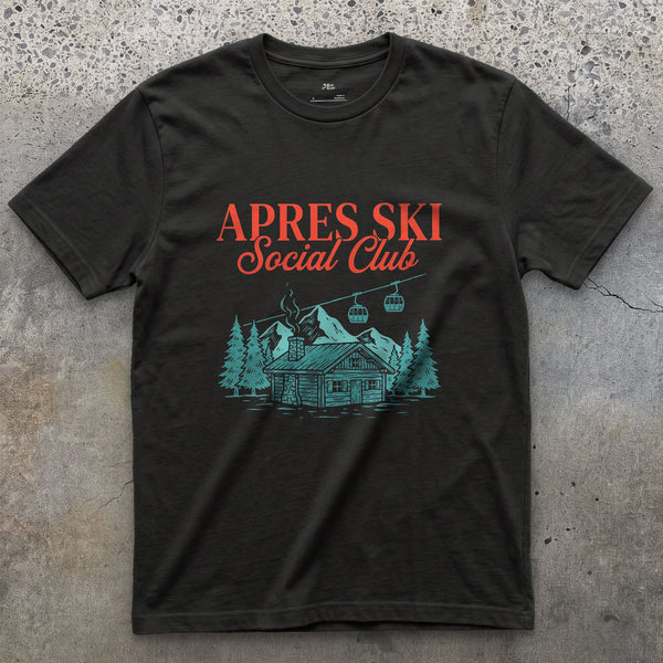 Sewn on for Years, Apres Ski Social Club design on a Black Gildan Softstyle t-shirt