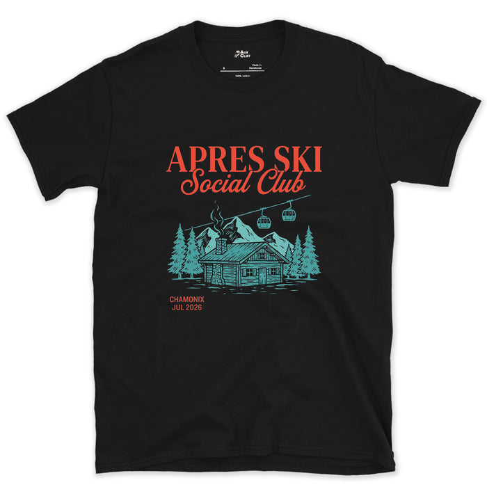 Sewn on for Years, Apres Ski Social Club design on a Black Gildan Softstyle t-shirt