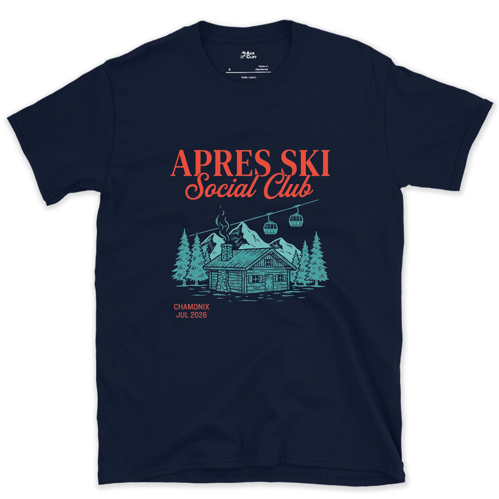 Sewn on for Years, Apres Ski Social Club design on a Navy Gildan Softstyle t-shirt