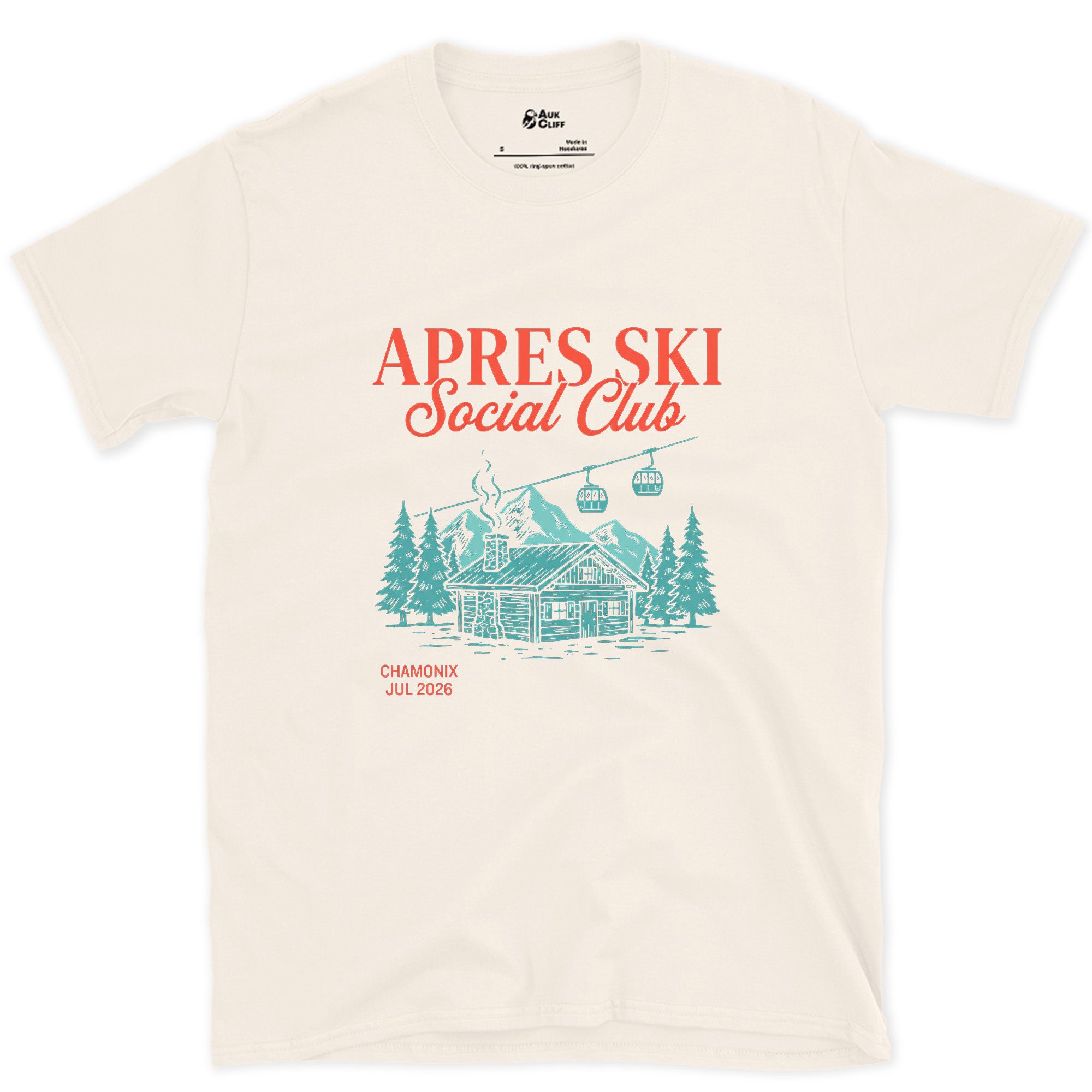 Sewn on for Years, Apres Ski Social Club design on a Natural Gildan Softstyle t-shirt