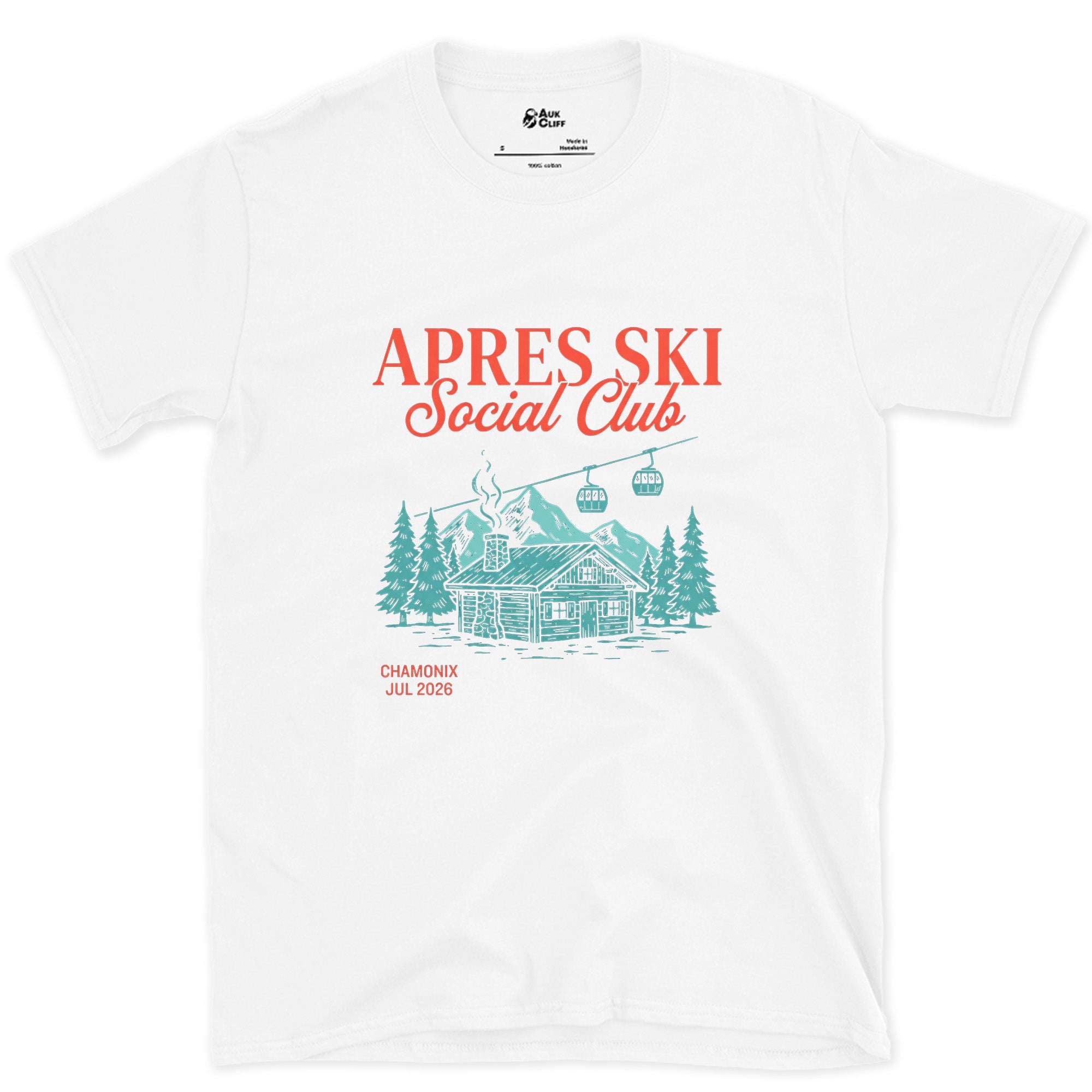 Sewn on for Years, Apres Ski Social Club design on a White Gildan Softstyle t-shirt