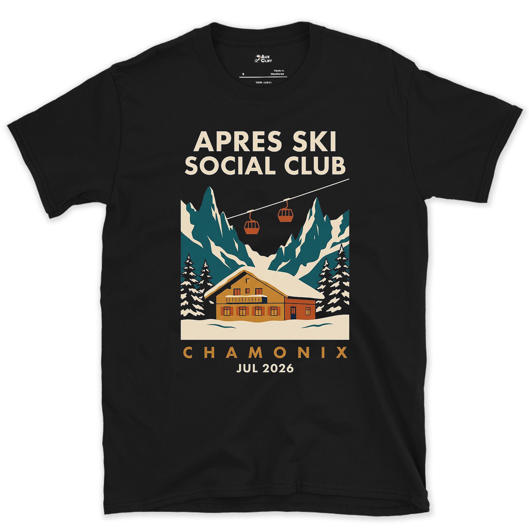Chamonix, Gondola Lines Crossing the Valley design on a Black Gildan Softstyle t-shirt
