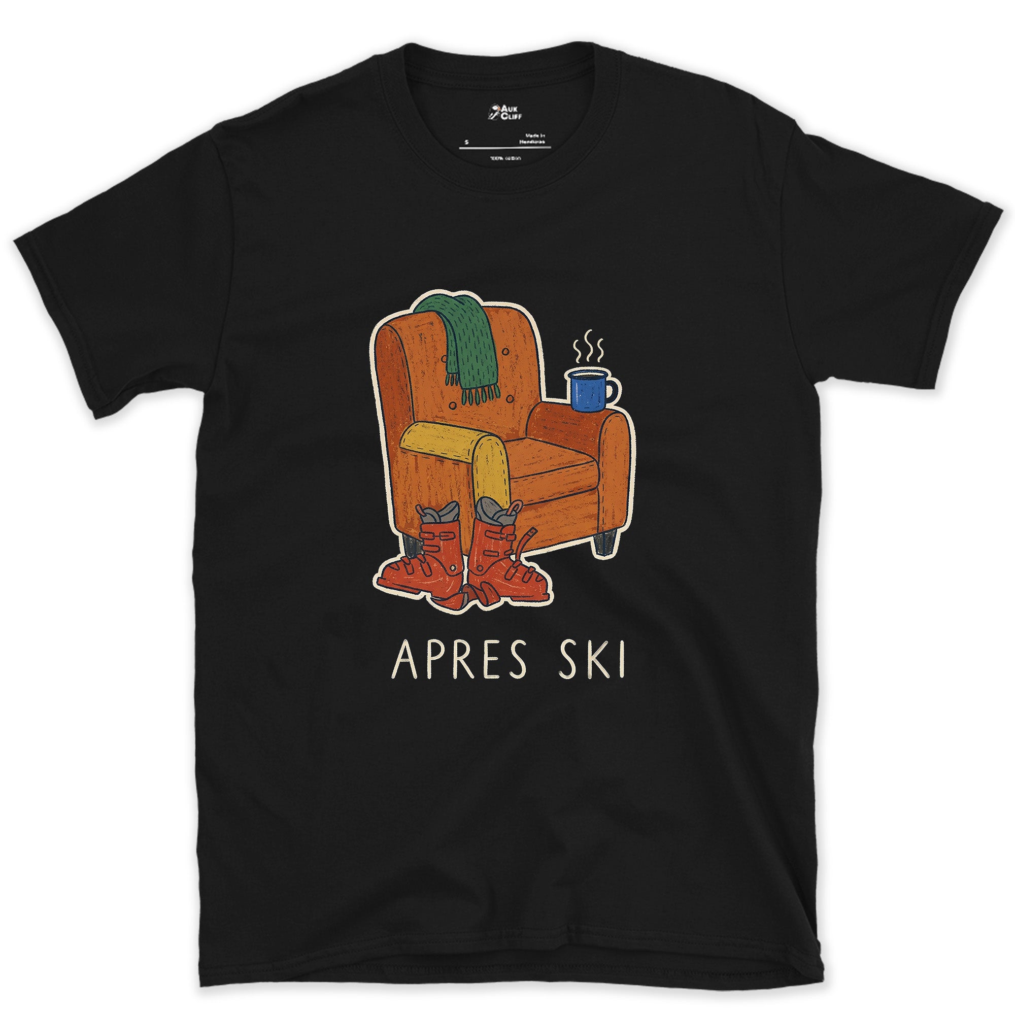Apres Ski, Armchair With Boots and a Mug design on a Black Gildan Softstyle t-shirt