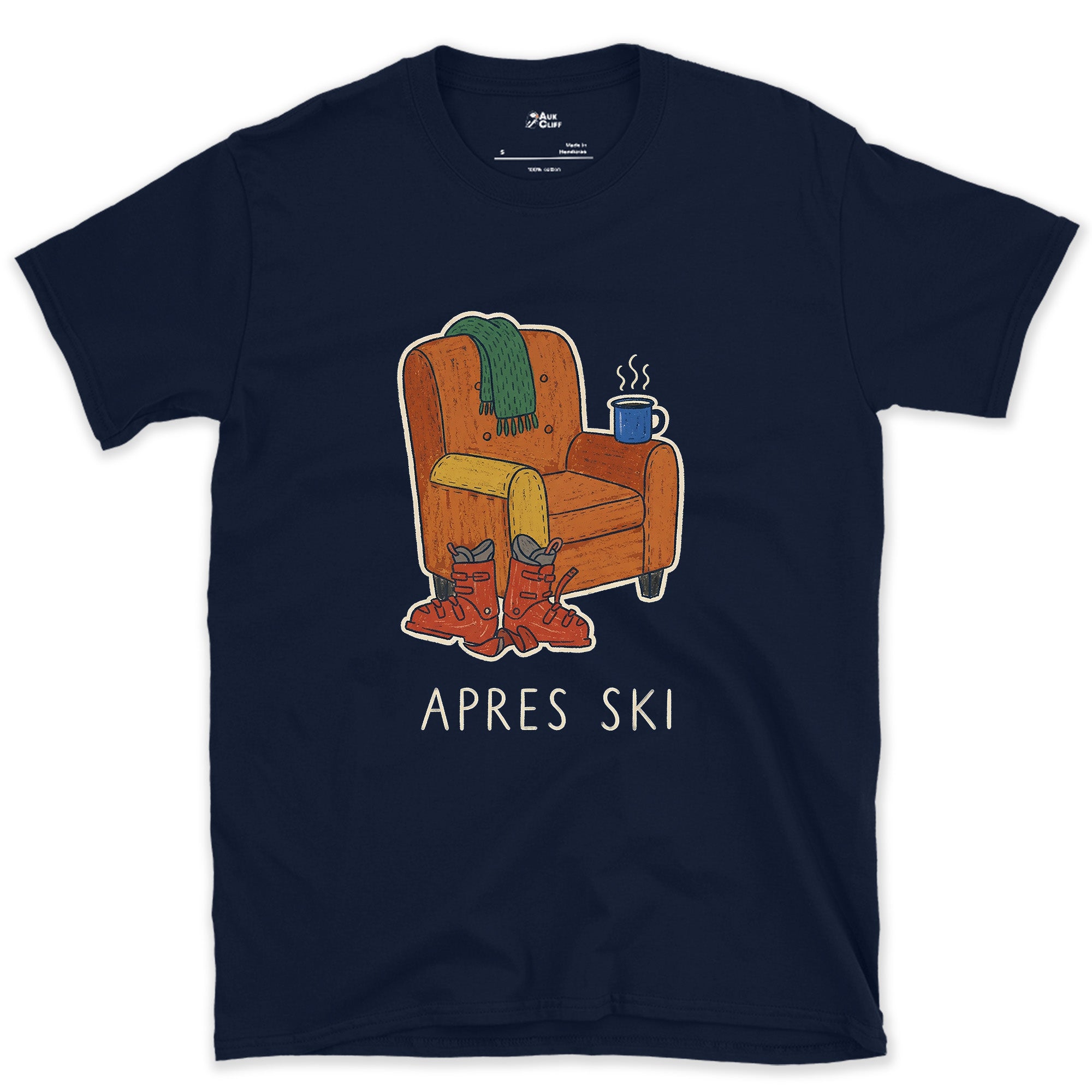 Apres Ski, Armchair With Boots and a Mug design on a Navy Gildan Softstyle t-shirt