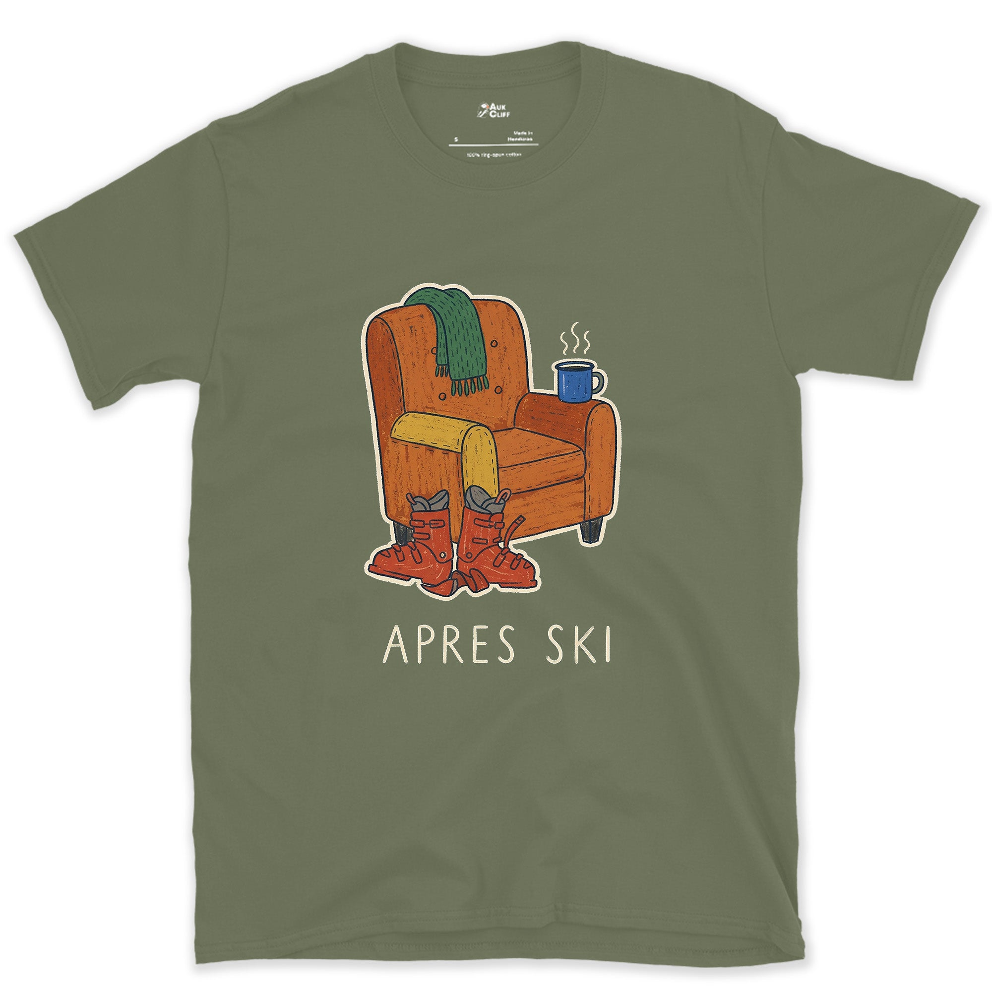 Apres Ski, Armchair With Boots and a Mug design on a Military Green Gildan Softstyle t-shirt