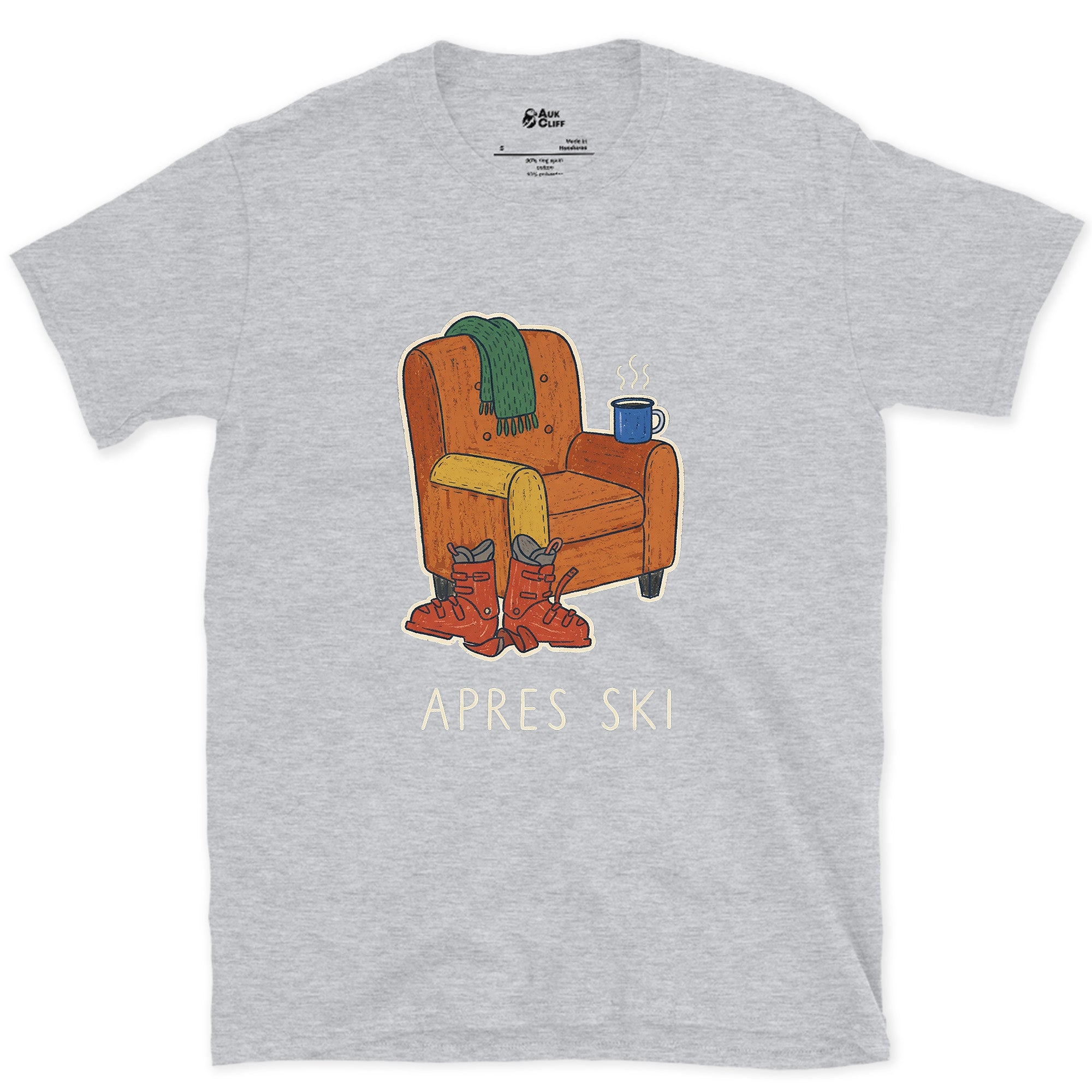 Apres Ski, Armchair With Boots and a Mug design on a Sport Grey Gildan Softstyle t-shirt