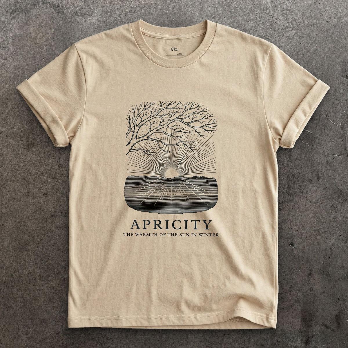 Apricity, the Warmth of the Sun in Winter design on a Sand Gildan Softstyle t-shirt