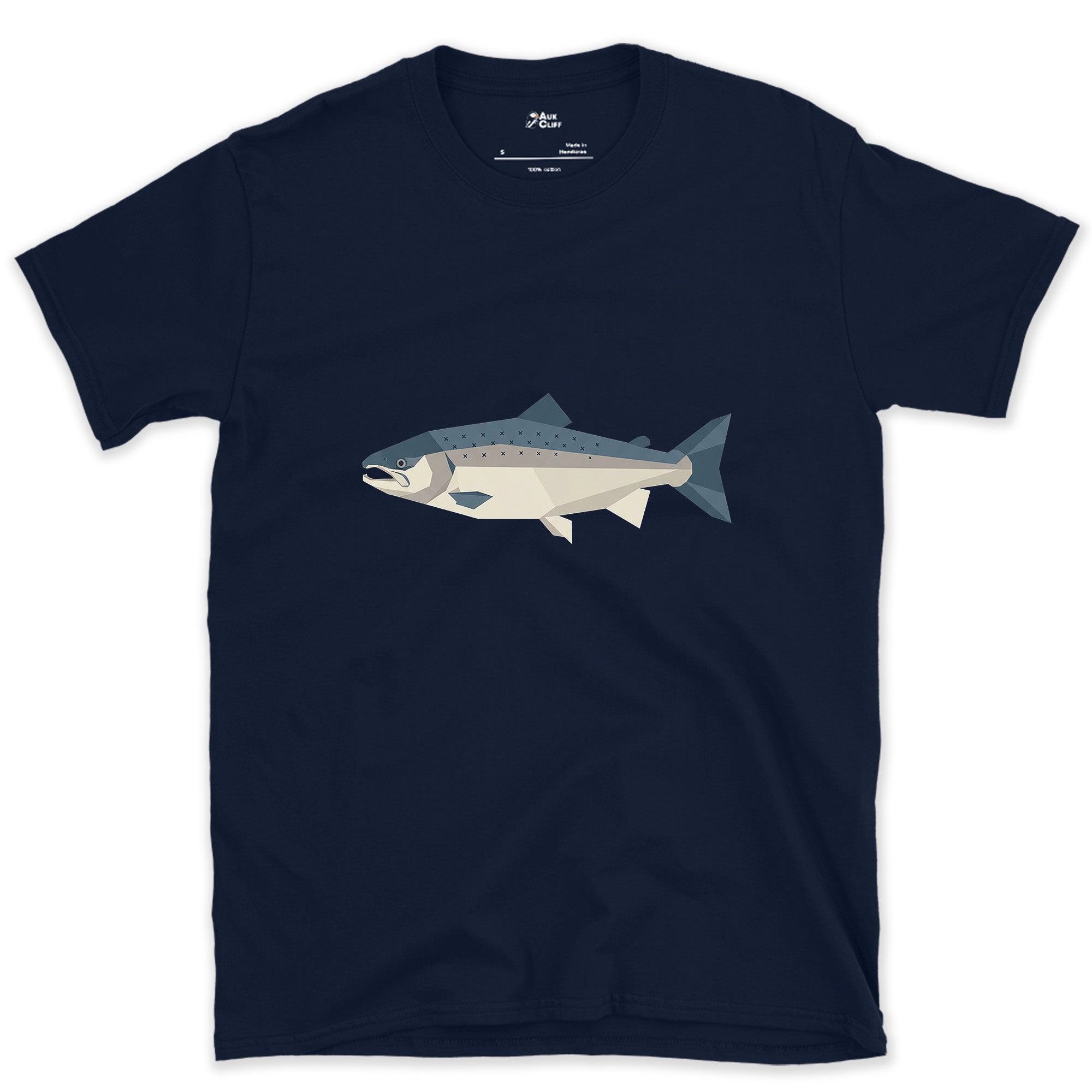 Every Curve of the Atlantic Salmon Cut to an Angle design on a Navy Gildan Softstyle t-shirt