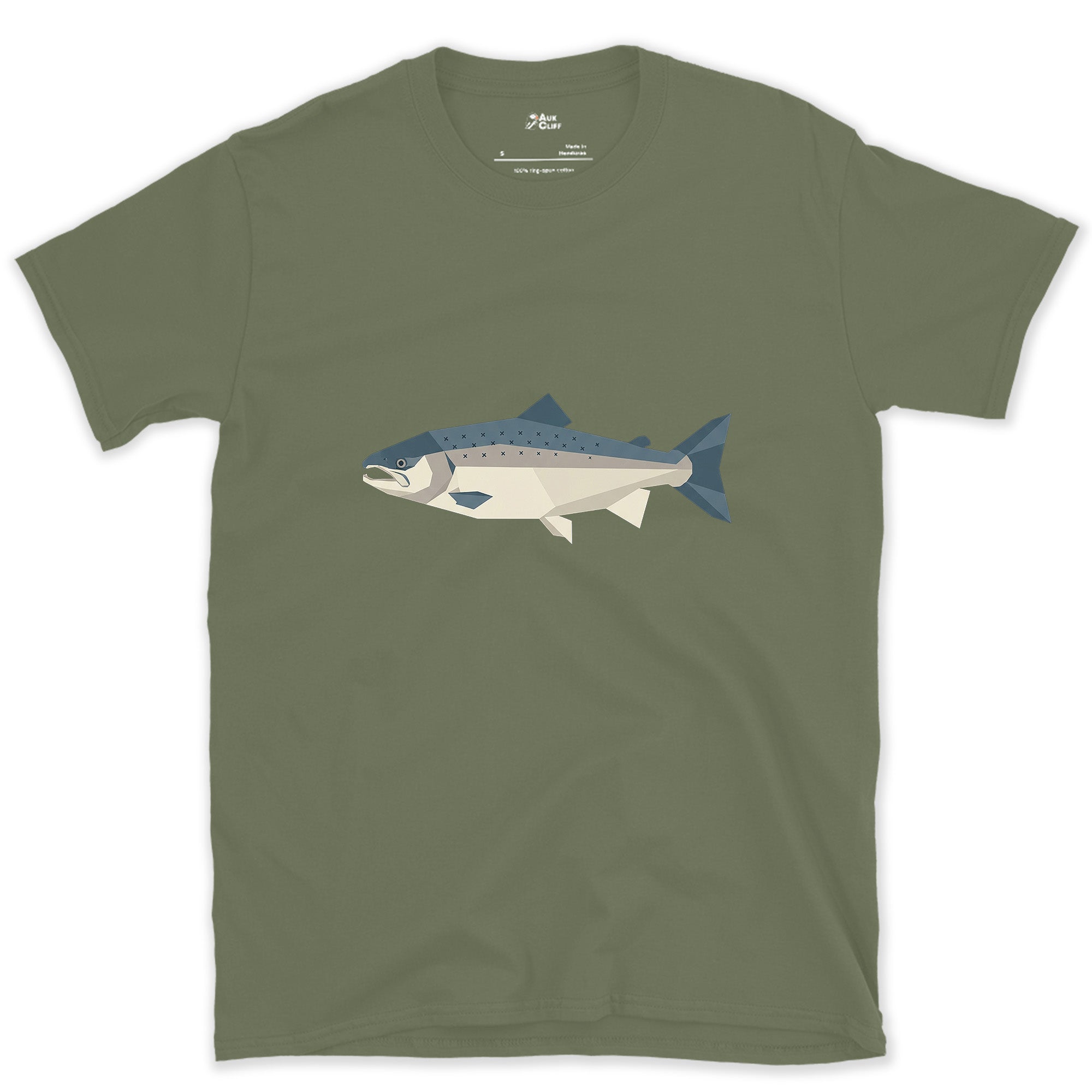 Every Curve of the Atlantic Salmon Cut to an Angle design on a Military Green Gildan Softstyle t-shirt