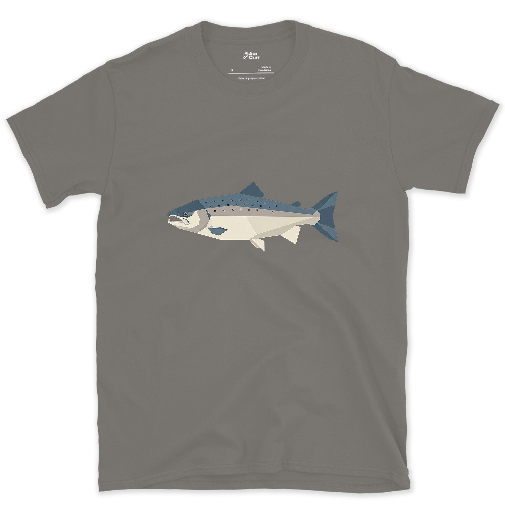 Every Curve of the Atlantic Salmon Cut to an Angle design on a Charcoal Gildan Softstyle t-shirt
