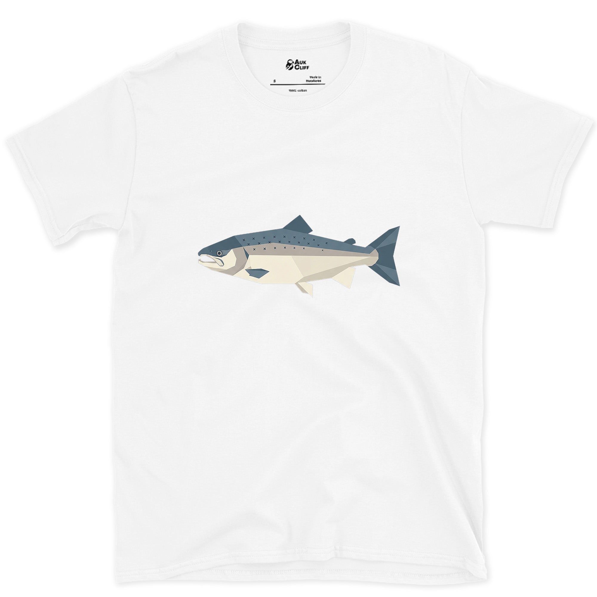 Every Curve of the Atlantic Salmon Cut to an Angle design on a White Gildan Softstyle t-shirt