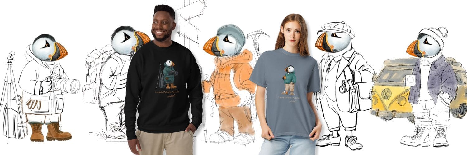 Hand-drawn Captain Puffin™ characters by AukCliff wearing adventure-inspired outfits, standing side by side on a clean background — premium Comfort Colors® tees and sweatshirts collection celebrating art, exploration, and timeless style.
