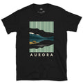 Aurora, Doubled in the Mountain Lake Below design on a Black Gildan Softstyle t-shirt