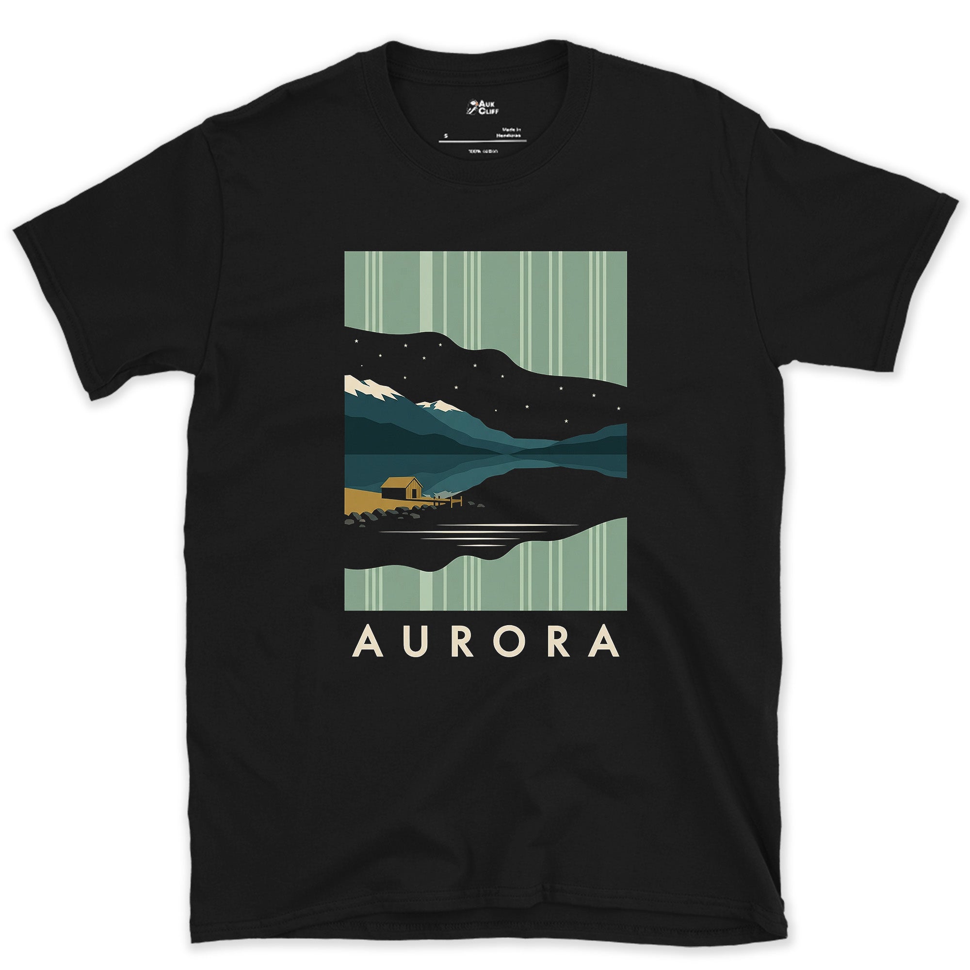 Aurora, Doubled in the Mountain Lake Below design on a Black Gildan Softstyle t-shirt
